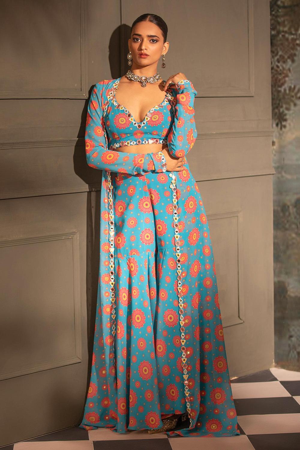 long sleeve sharara dress Blue Georgette Blossom Print Jacket Sharara Set (NA)