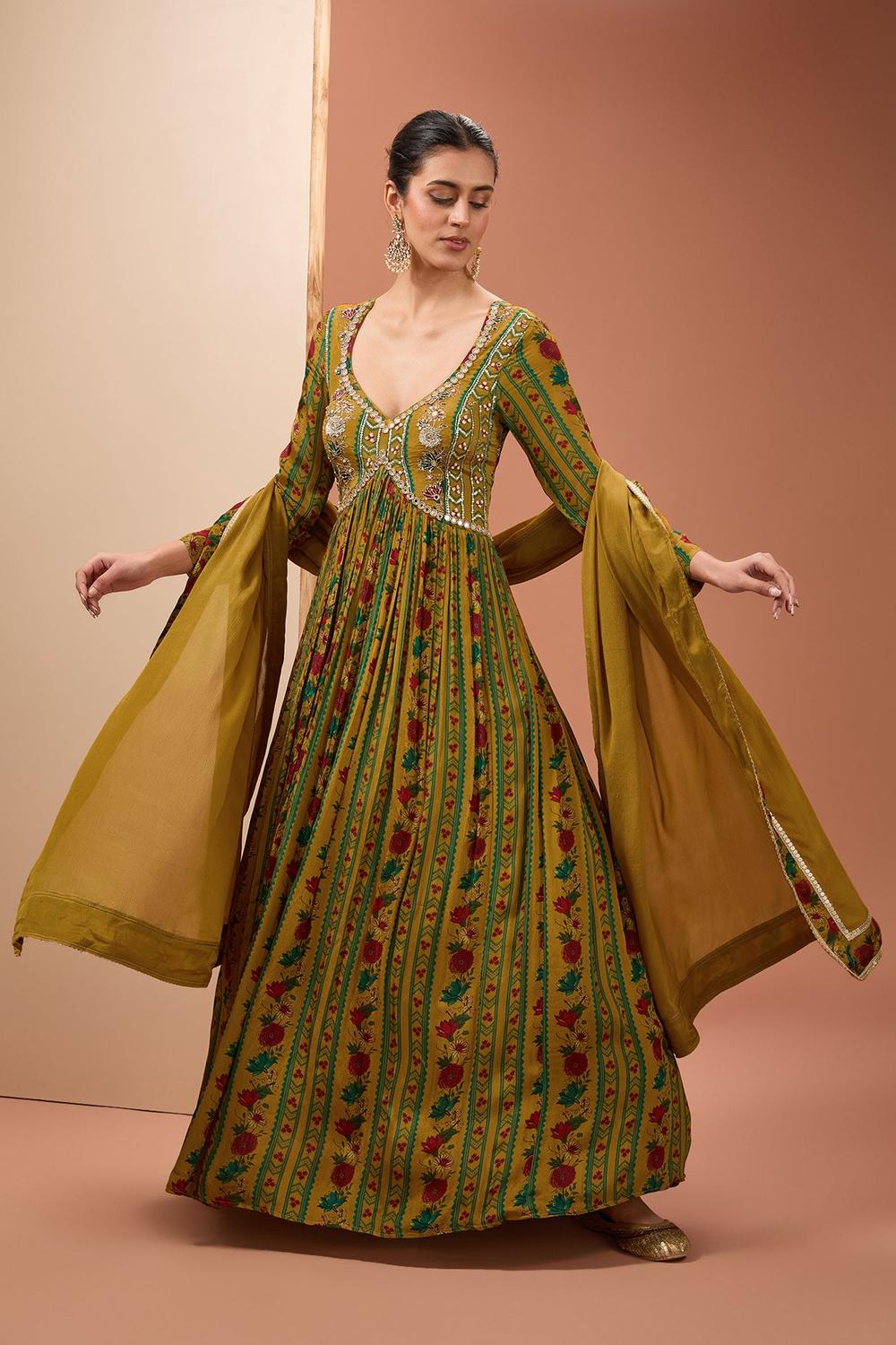 Yellow Viscose Chinon Digital Print Backless Anarkali With Dupatta For   Neha Khullar
