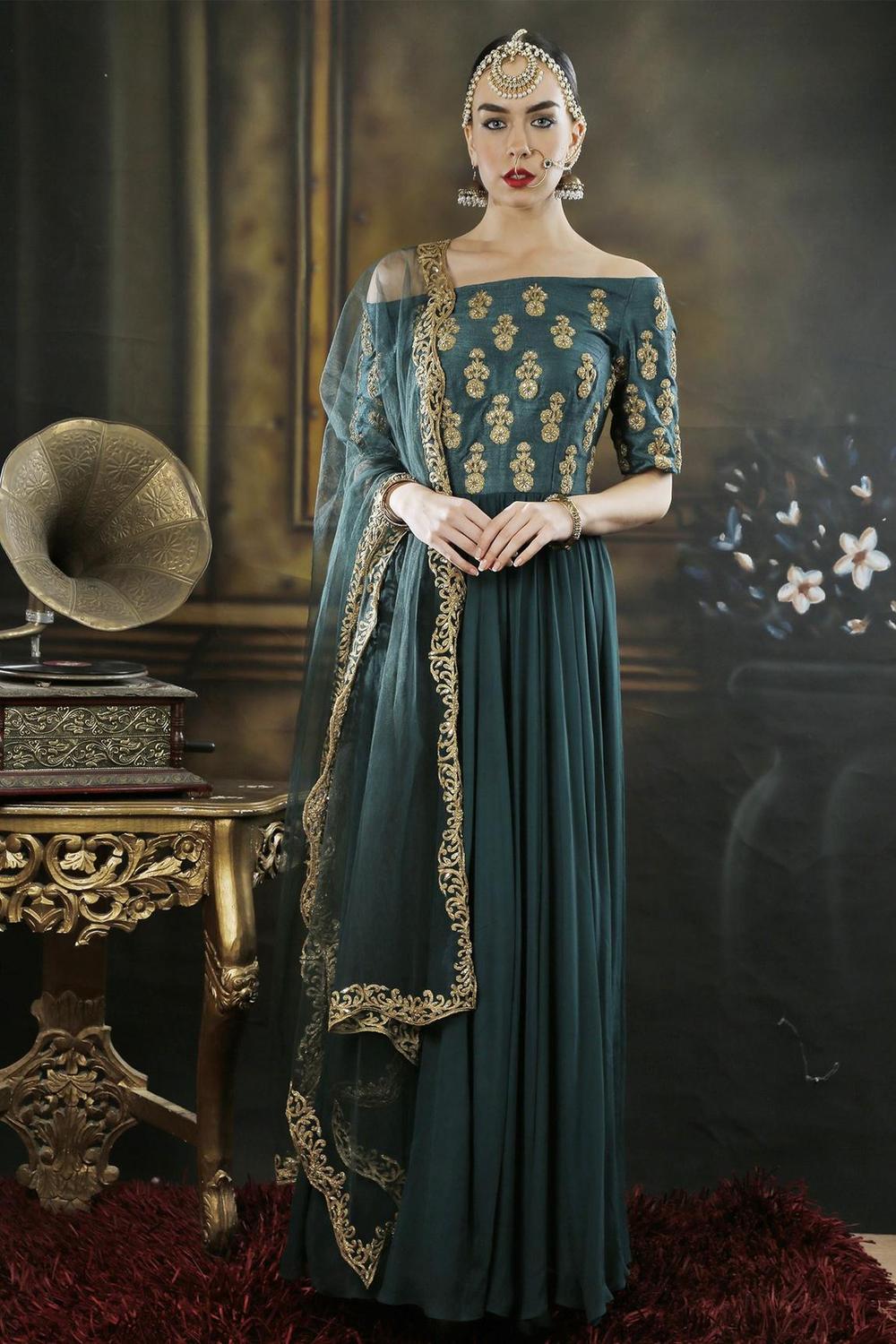 off shoulder anarkali dress Green Georgette Off Shoulder Anarkali With Dupatta