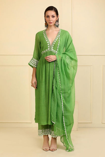 Green Chanderi Silk Neckline Embroidered Kurta Set