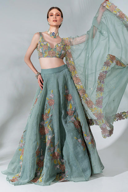 Dusty green  lehenga featuring floral applique patterns