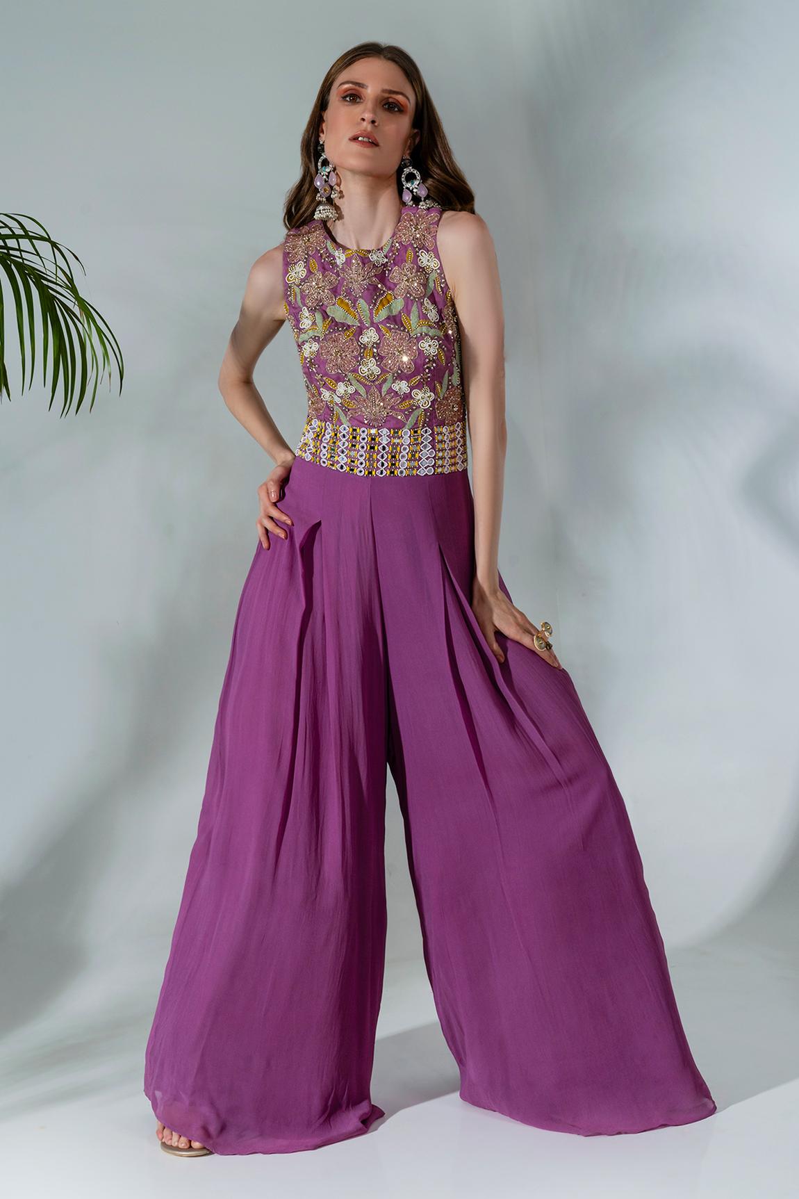 Lilac Georgette Cutdana Embellished Bodice Jumpsuit