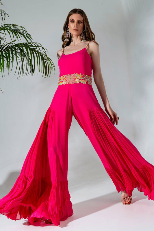 Fuchsia Georgette Floral Embroidered Placement Jumpsuit