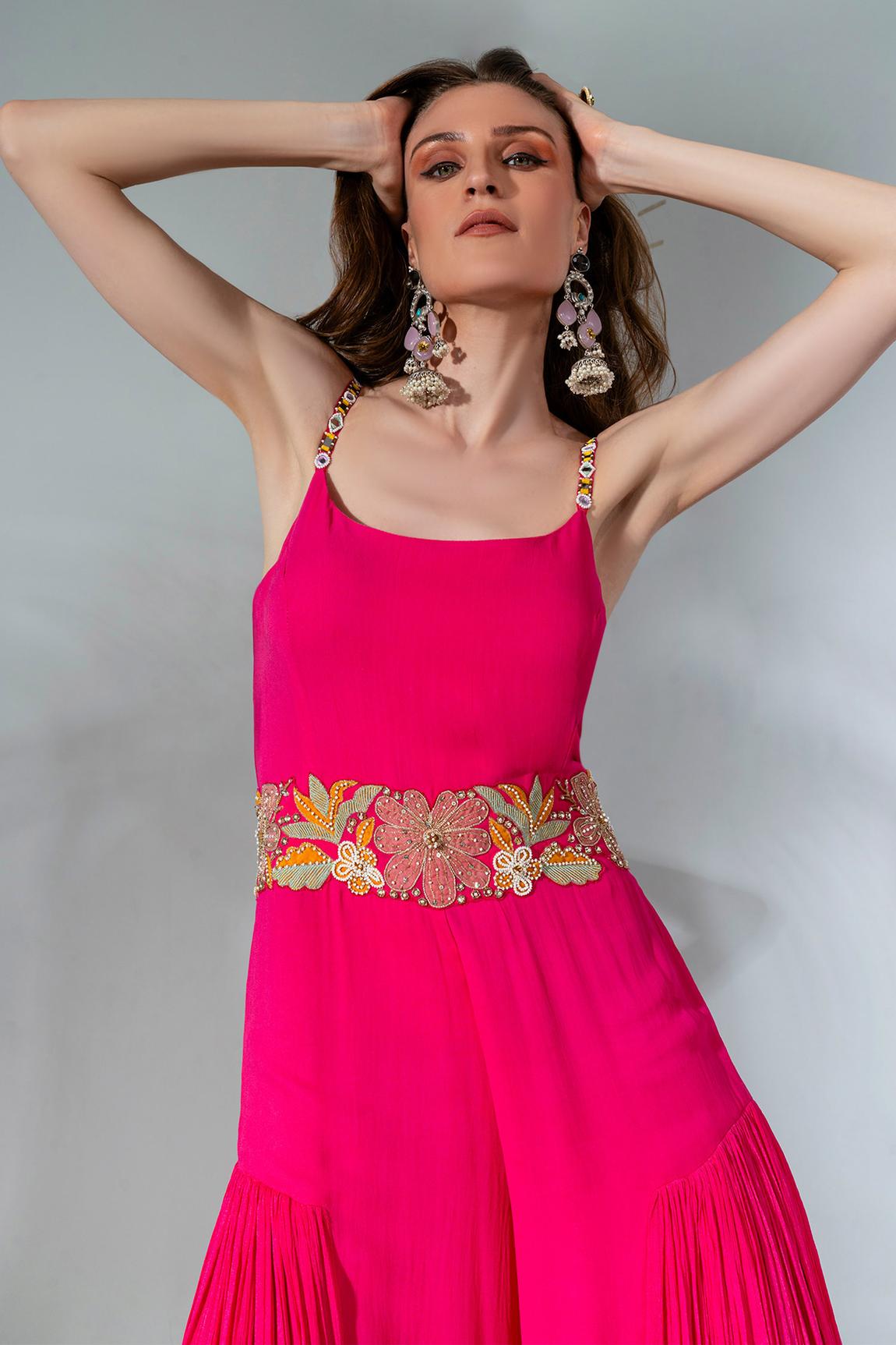 Fuchsia Georgette Floral Embroidered Placement Jumpsuit