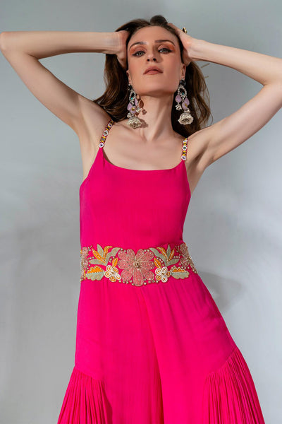 Fuchsia Georgette Floral Embroidered Placement Jumpsuit