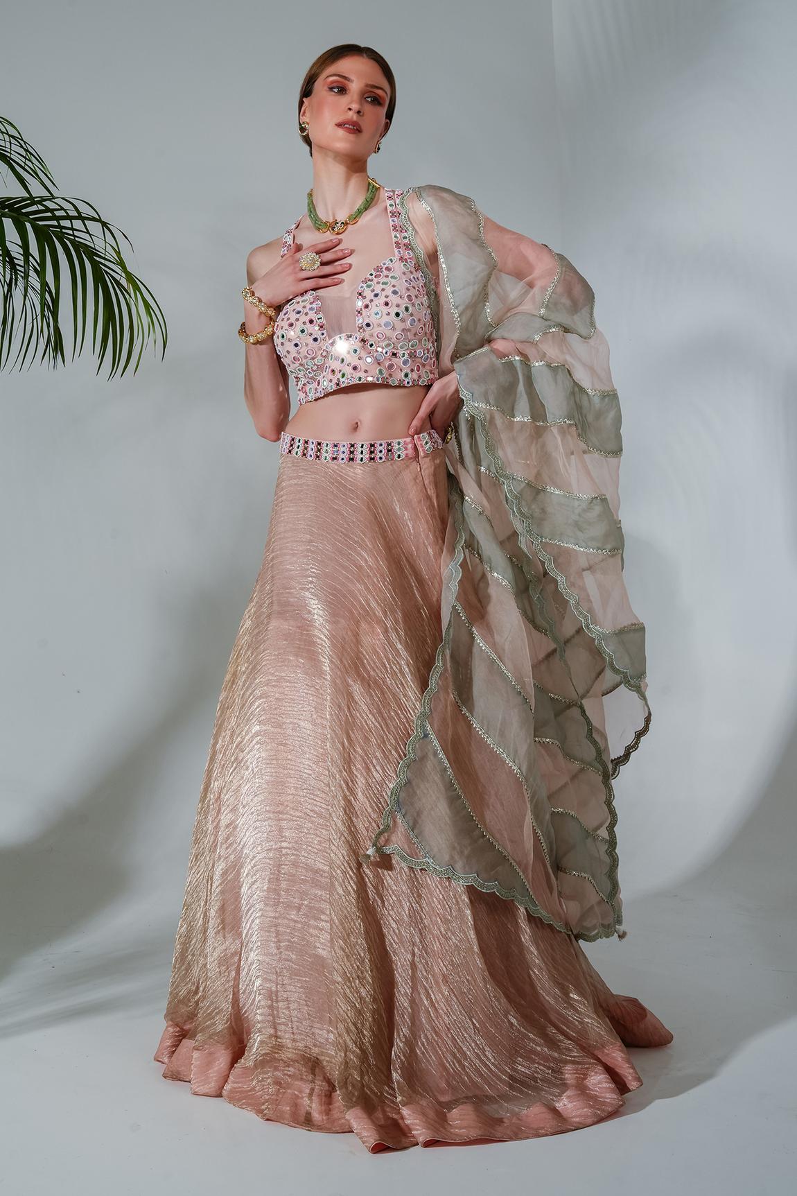 Pink Tissue Silk Mirrorwork Embellished Blouse Lehenga Set