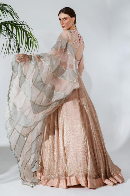 Pink Tissue Silk Mirrorwork Embellished Blouse Lehenga Set