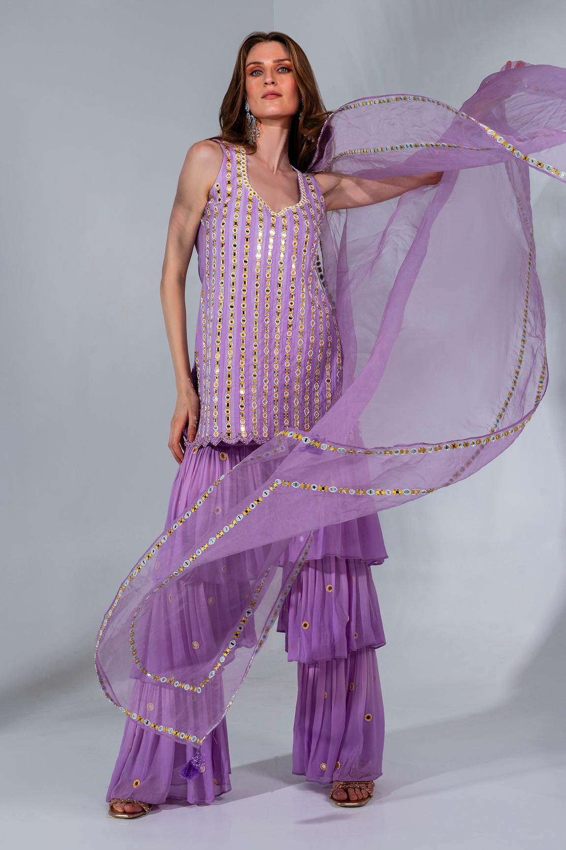 Lilac Embroidered Kurta And Sharara Set