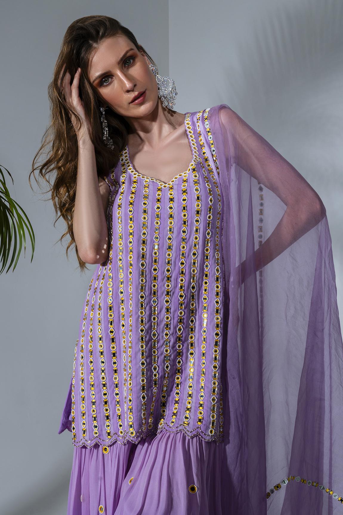 Lilac Embroidered Kurta And Sharara Set