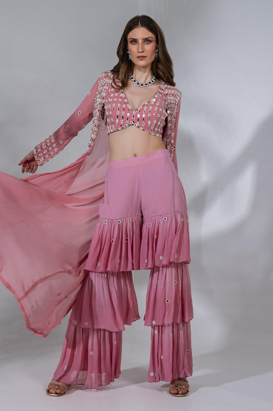 Pink Georgette Embroidered Jacket And Gharara Set