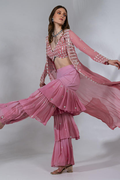 Pink Georgette Embroidered Jacket And Gharara Set