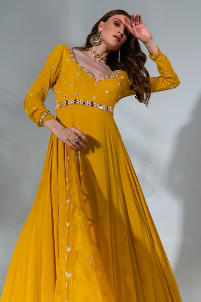 Yellow Embroidered Anarkali With Dupatta