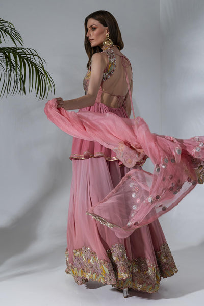 Pink Mirror And Bead Embellished Kurta Gharara Set