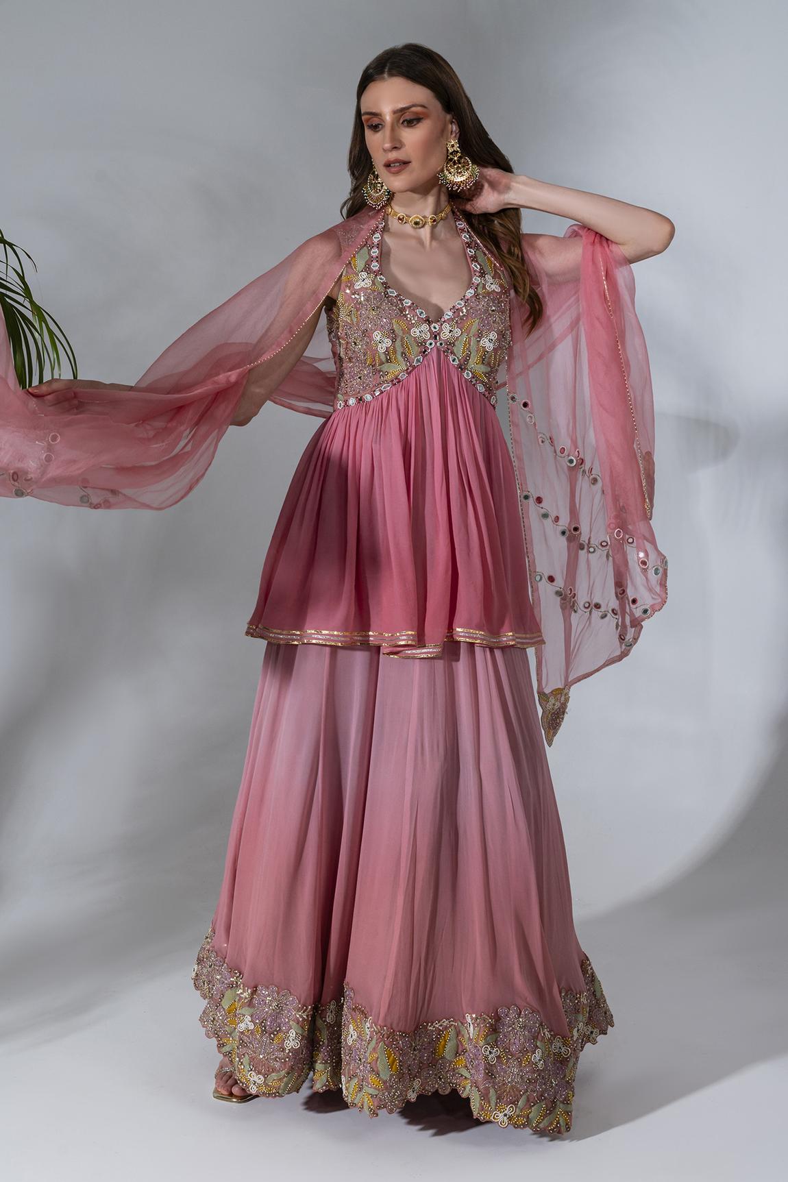 Pink Mirror And Bead Embellished Kurta Gharara Set