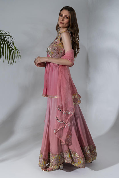 Pink Mirror And Bead Embellished Kurta Gharara Set