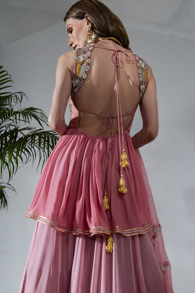 Pink Mirror And Bead Embellished Kurta Gharara Set