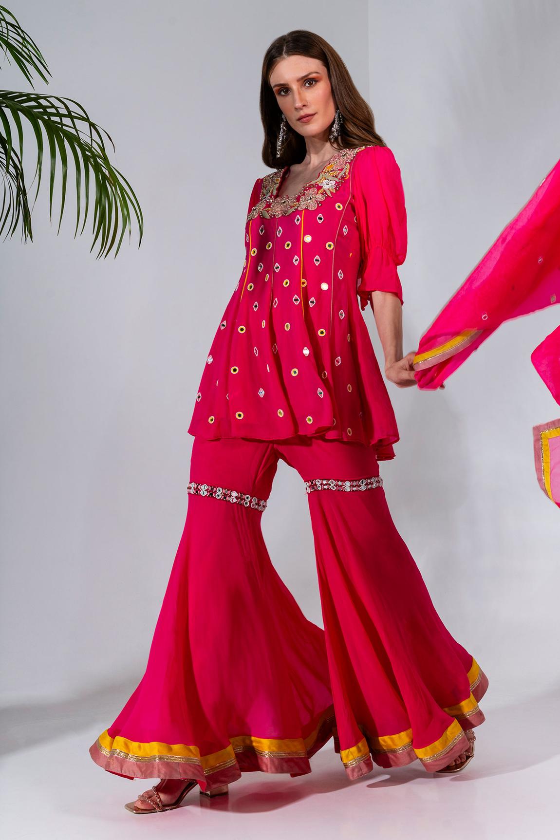 Fuchsia Embroidered Kurta And Gharara Set