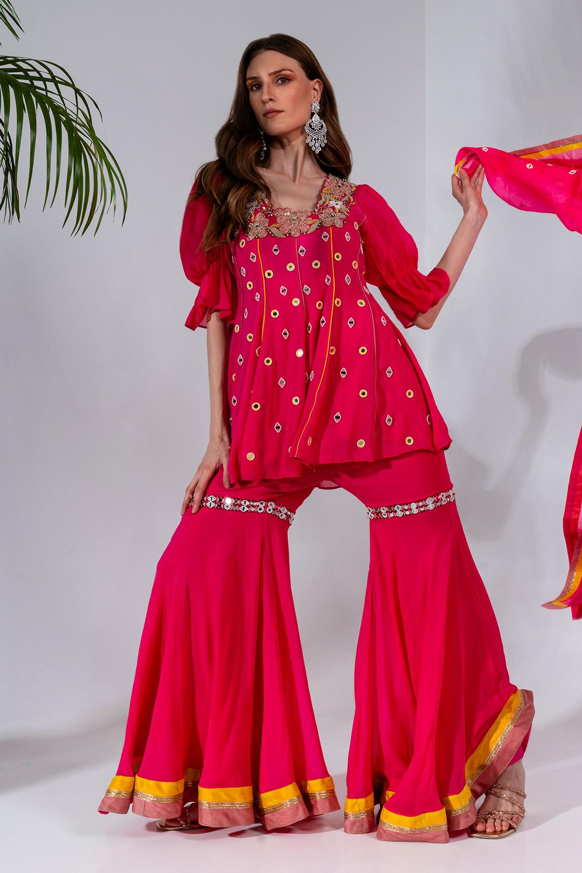 Fuchsia Embroidered Kurta And Gharara Set