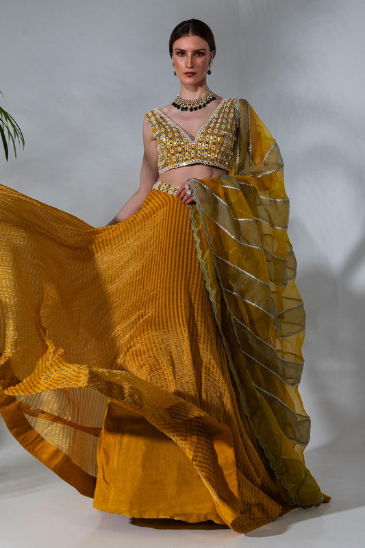 Yellow tissue silk lehenga