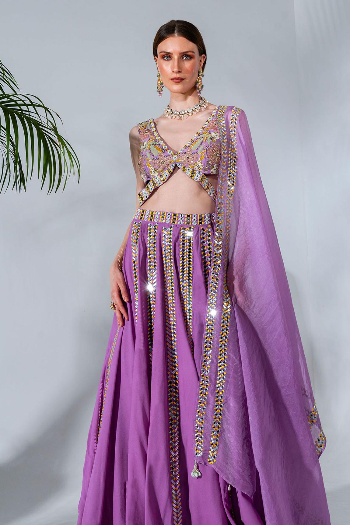 Lilac panelled lehenga with mirror and thread embroidery