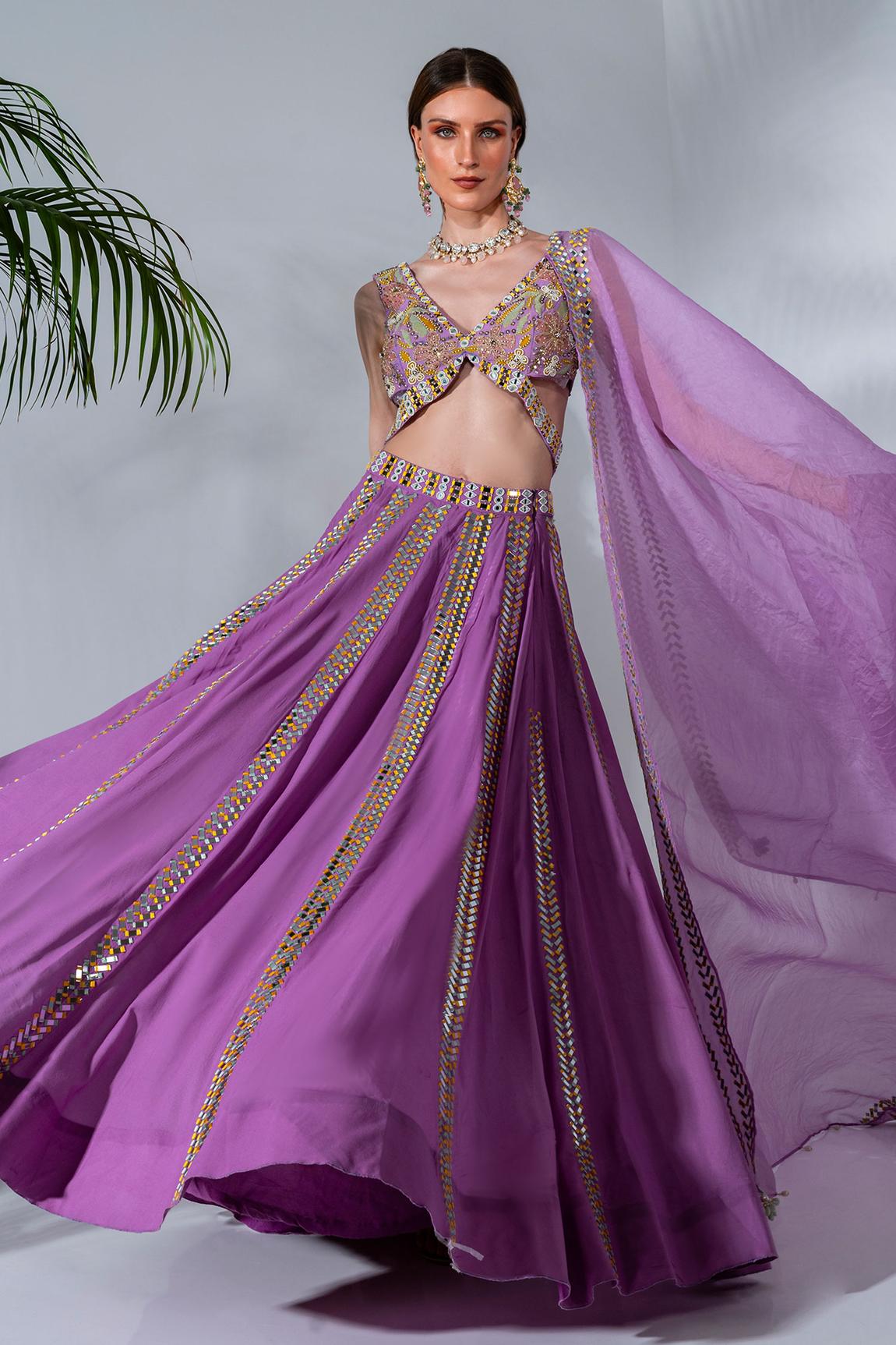 Lilac panelled lehenga with mirror and thread embroidery