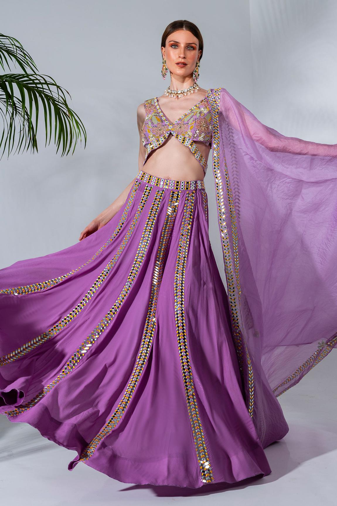 Lilac panelled lehenga with mirror and thread embroidery