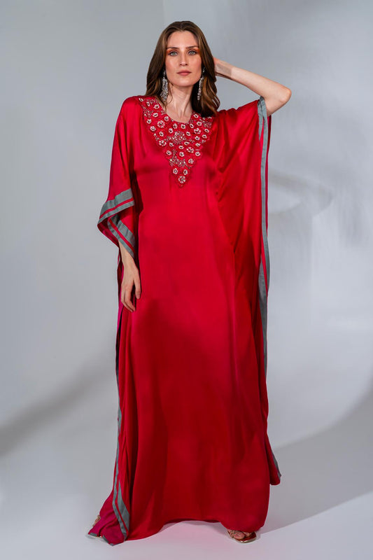 Fuchsia Modal Satin Sequin And Pearl Embroidered Kaftan