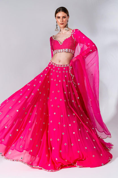 Fuchsia Georgette Mirror Embroidered Lehenga Set