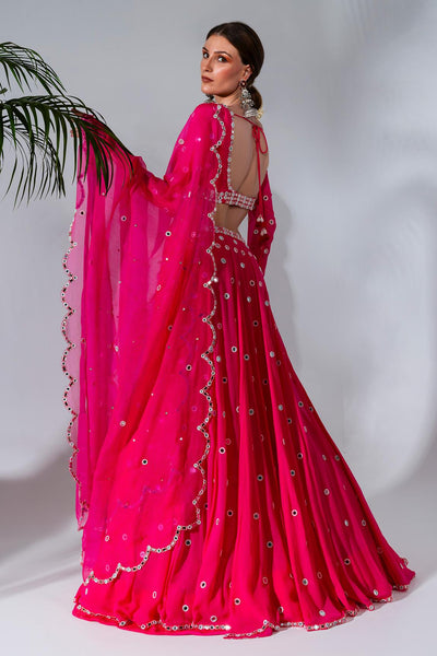 Fuchsia Georgette Mirror Embroidered Lehenga Set