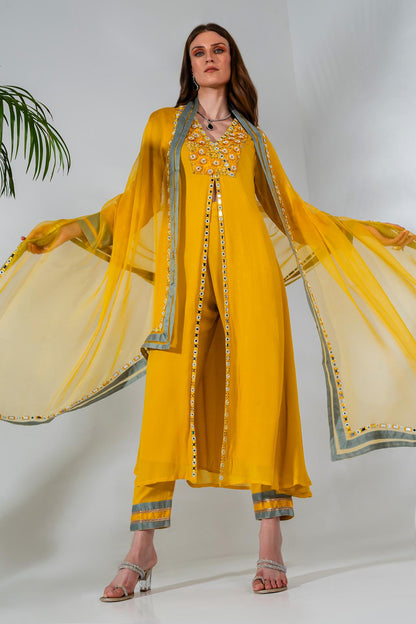 Yellow Georgette Floral Applique Embroidered Kurta Set
