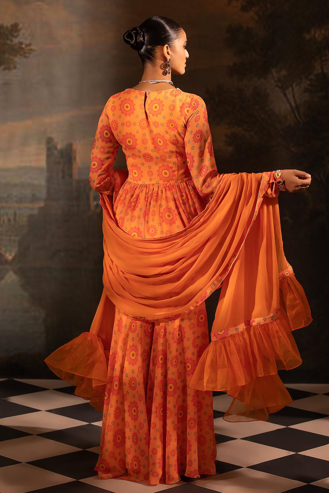 Orange Georgette Floral Print Kurta Gharara Set