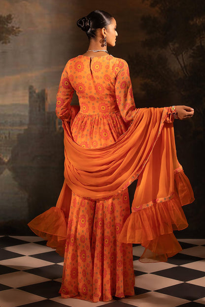 Orange Georgette Floral Print Kurta Gharara Set