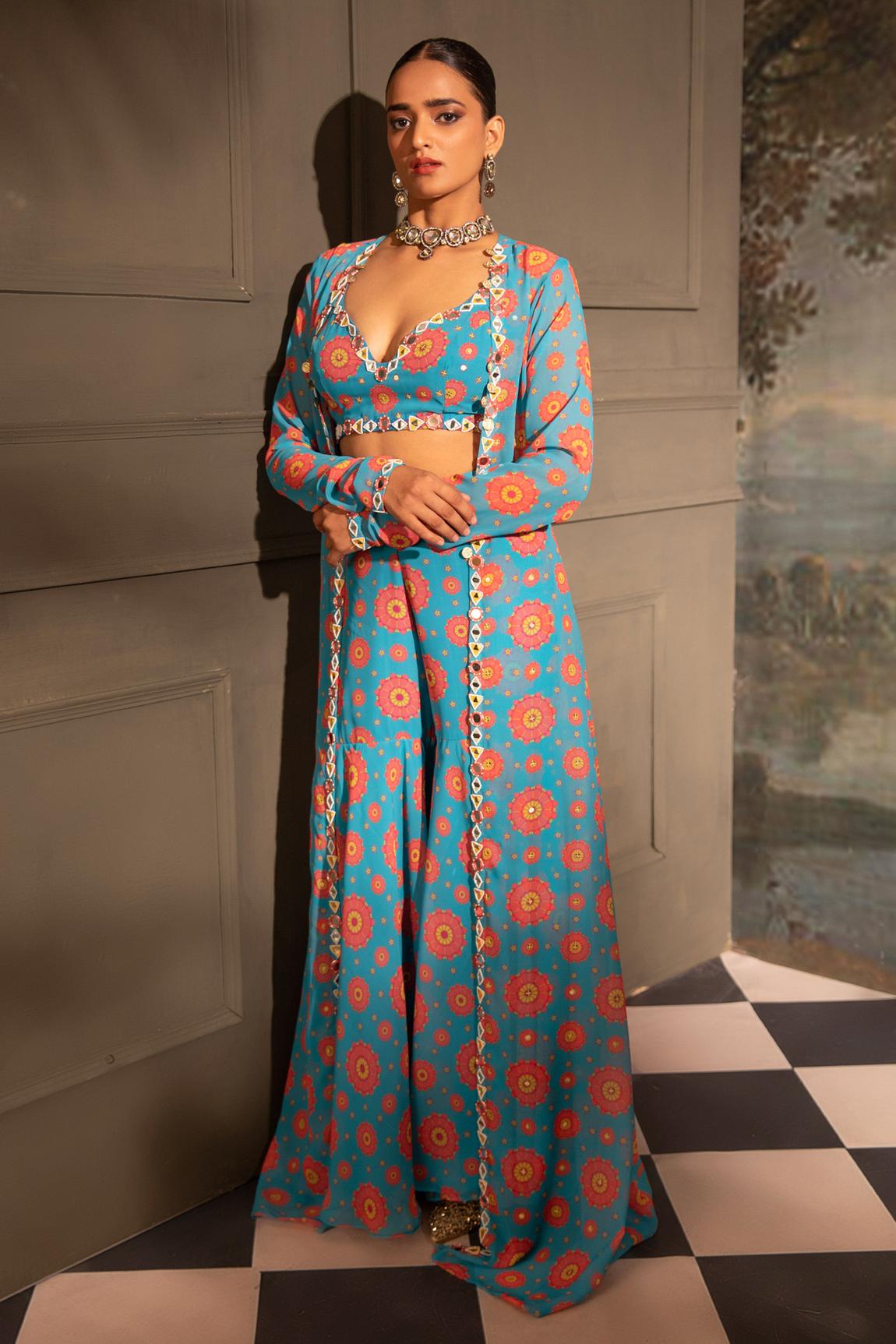 Blue Georgette Blossom Print Jacket Sharara Set (NA)