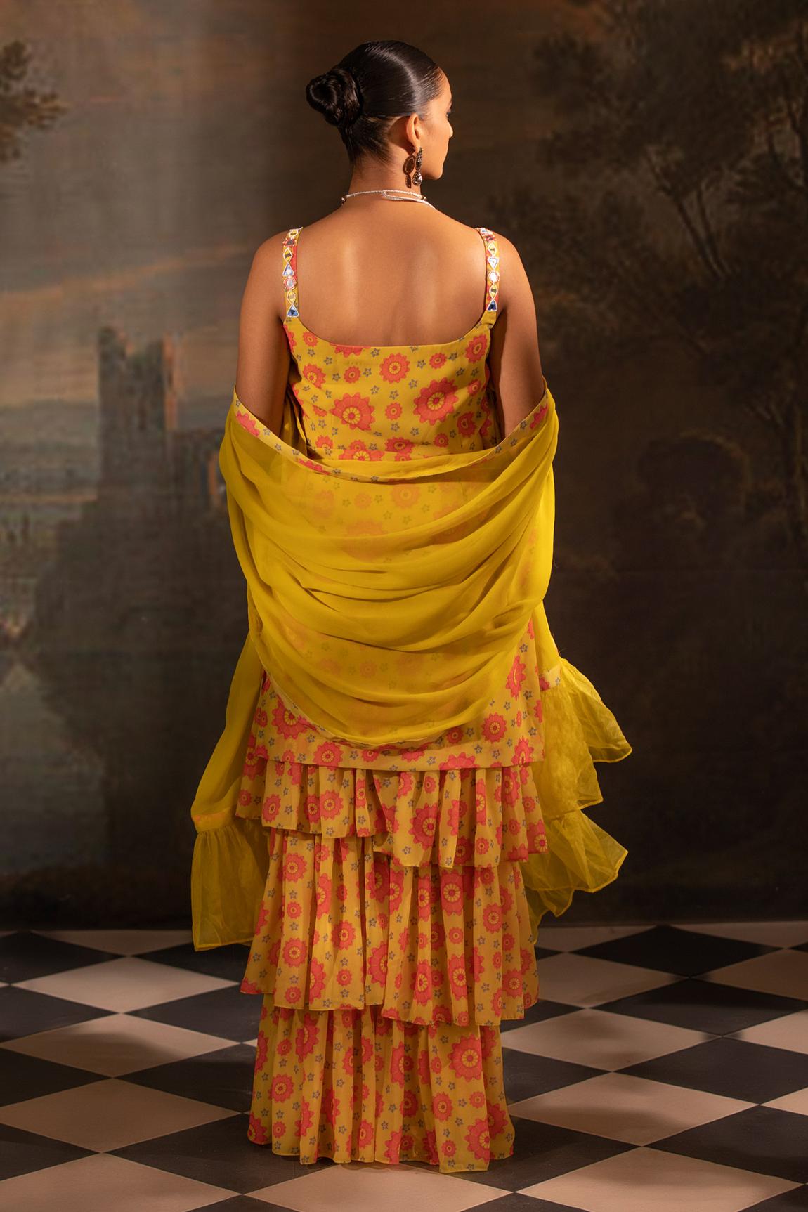 Yellow Georgette Floral Print Kurta Set