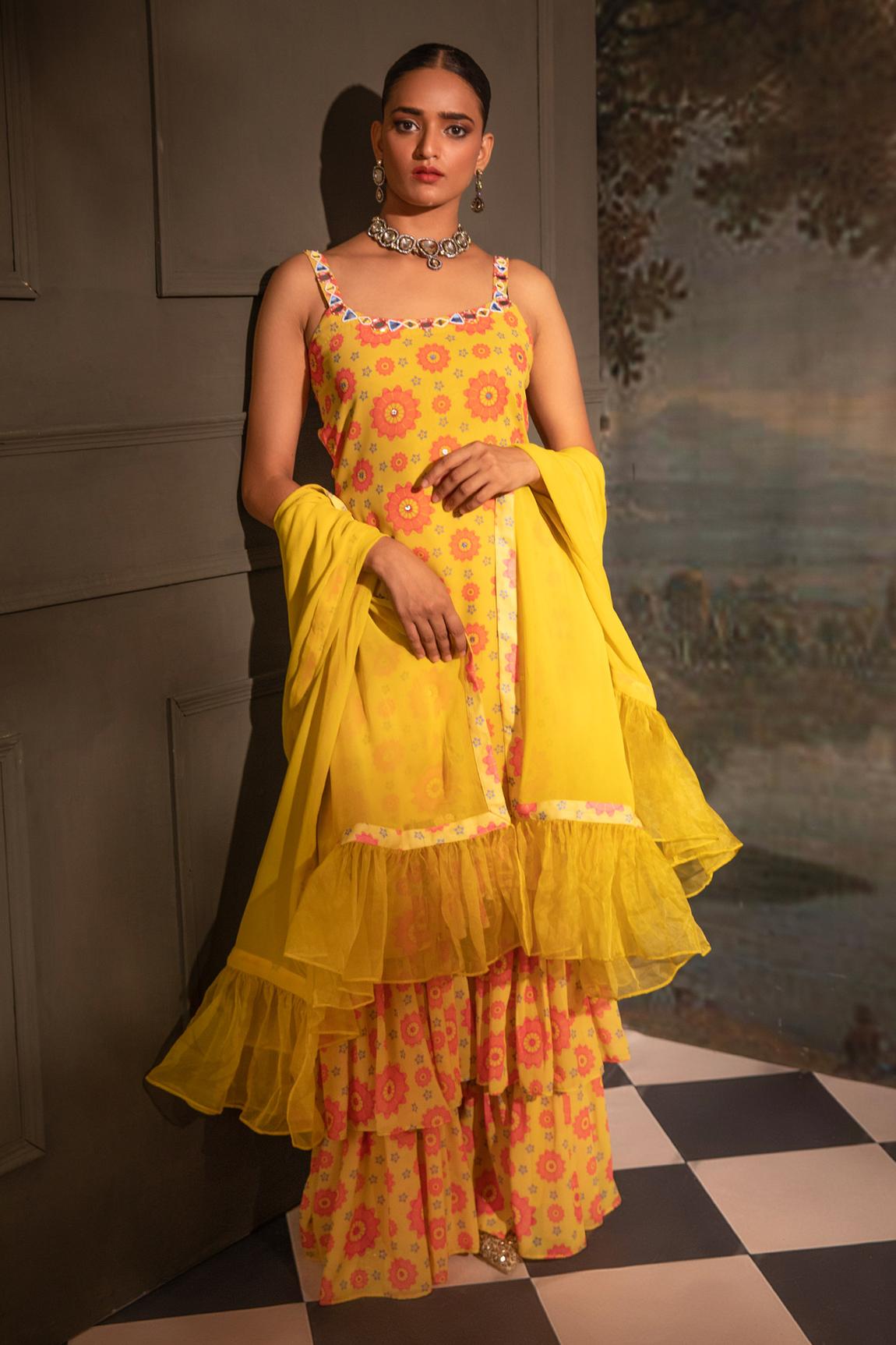 Yellow Georgette Floral Print Kurta Set