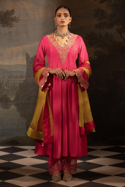 Fuchsia Chanderi Silk Neckline Embroidered Anarkali Set