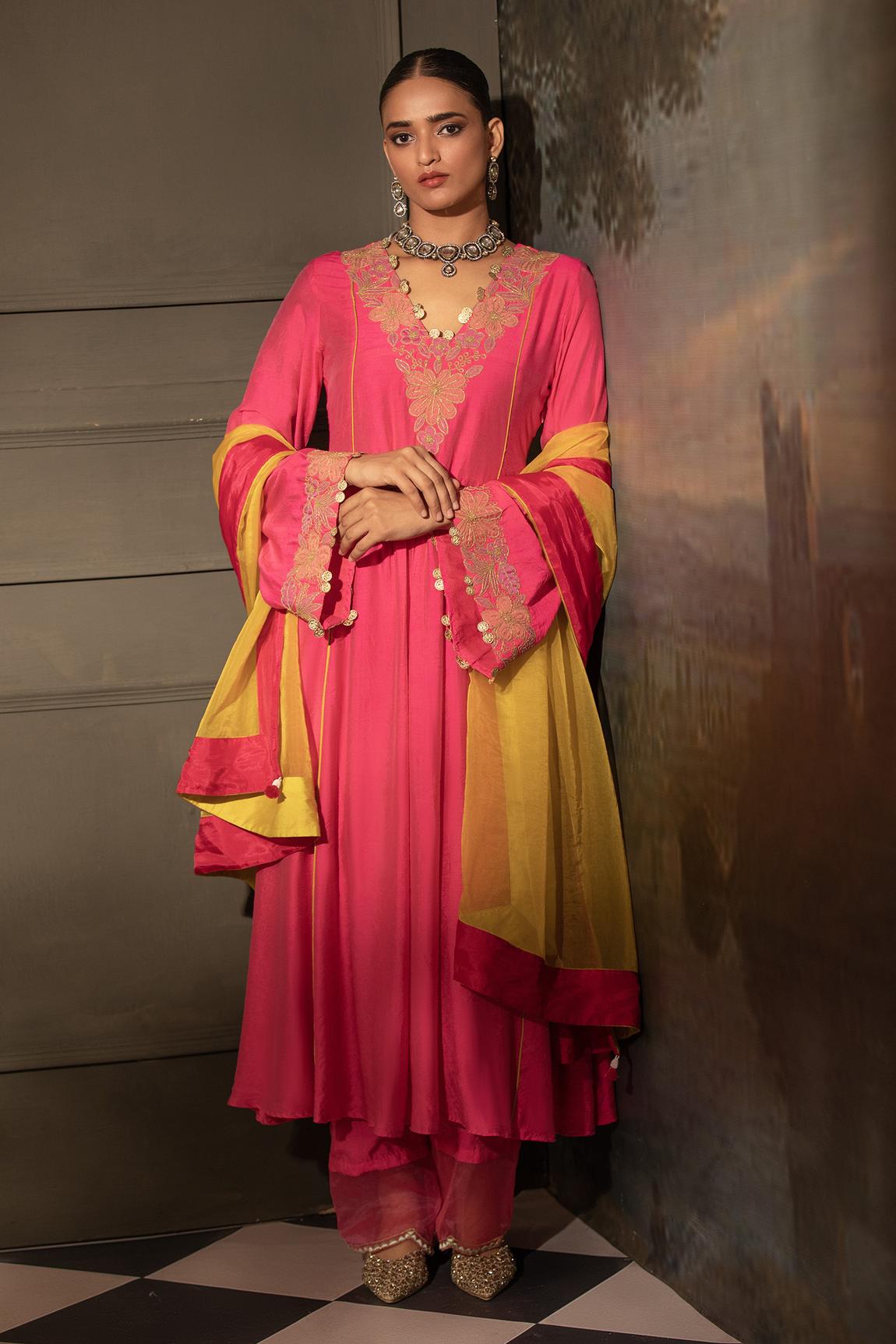 Fuchsia Chanderi Silk Neckline Embroidered Anarkali Set