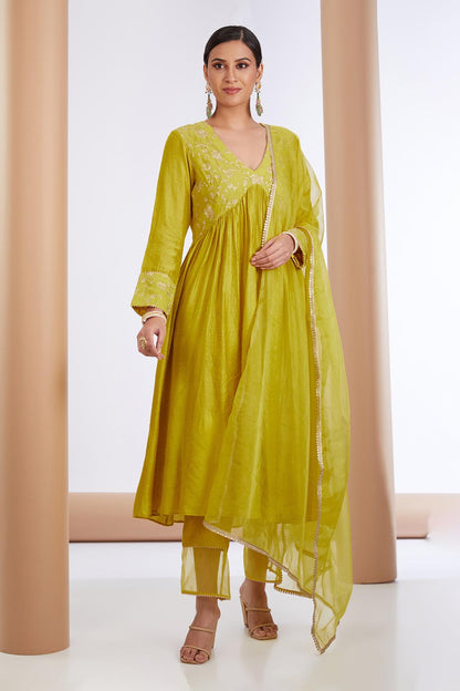 Yellow Chanderi Silk Floral Embroidered Anarkali Pant Set