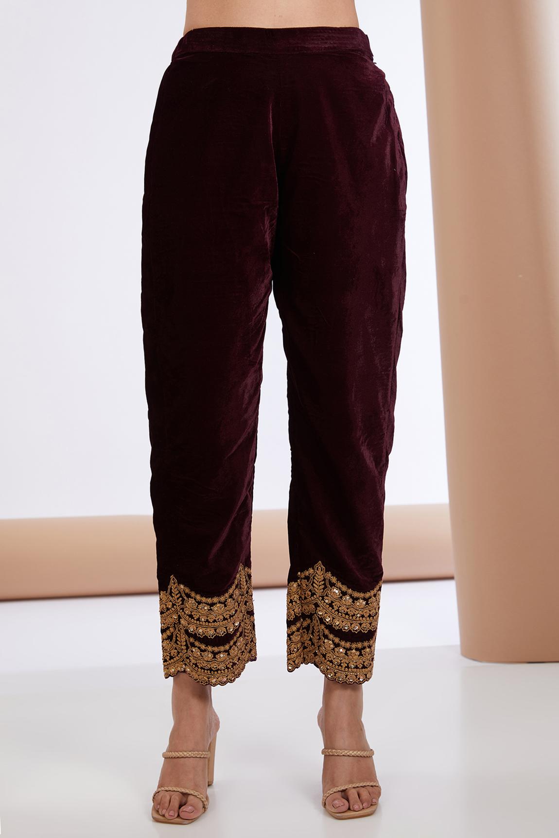 Wine Velvet Embroidered Kurta Pant Set