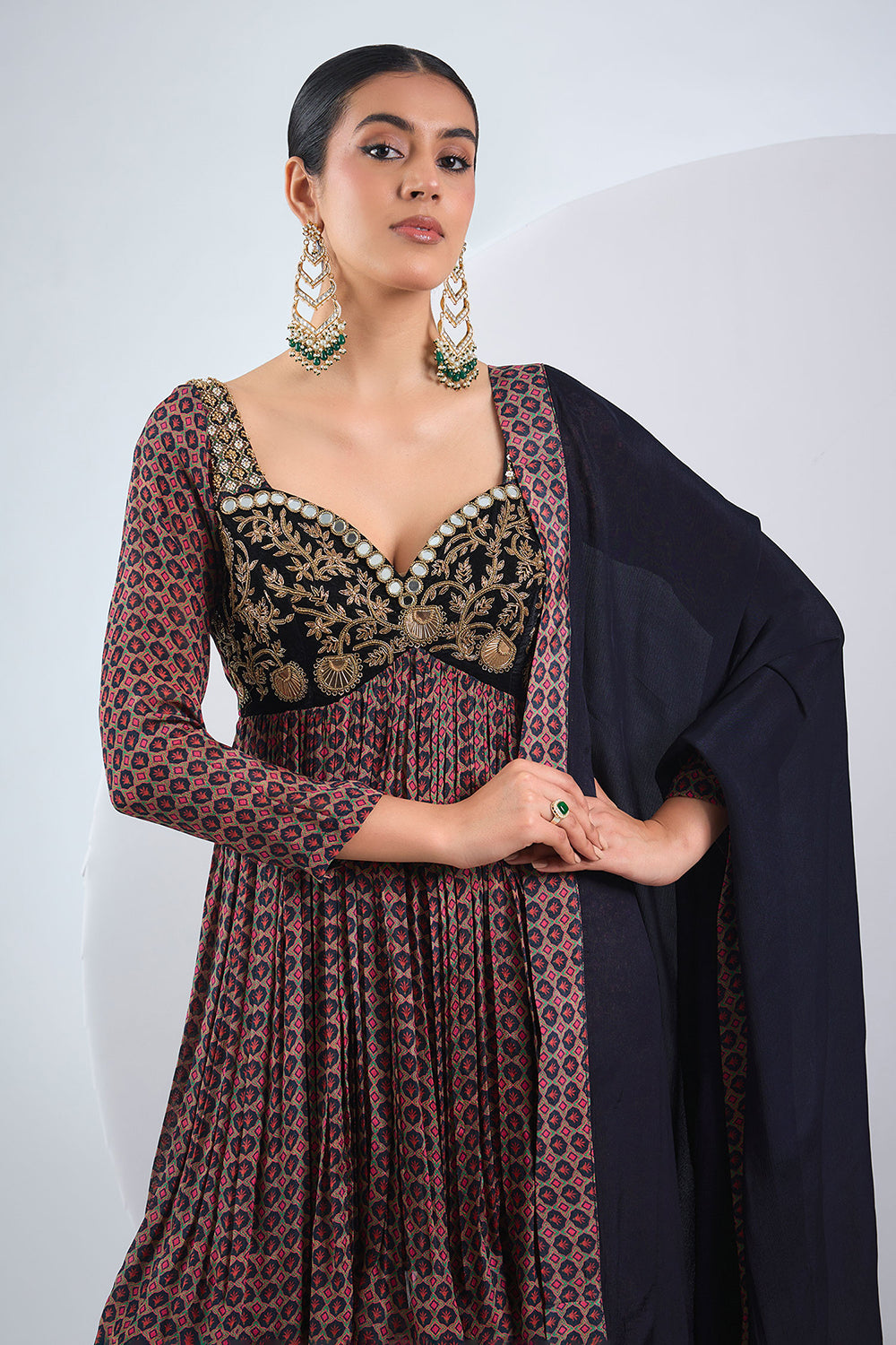 Black chinon silkanarkali sharara set