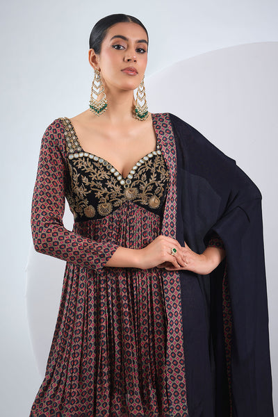 Black chinon silkanarkali sharara set