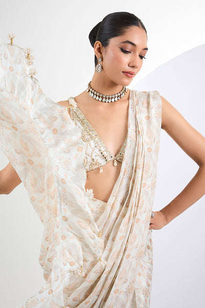Printed chinon chiffon ivory pre draped saree with pearl tassels