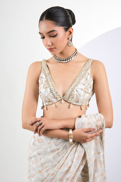 Printed chinon chiffon ivory pre draped saree with pearl tassels