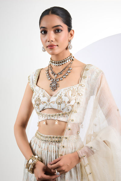 Printed chinon chiffon ivory lehenga set with pearl tassels and organza Dupatta