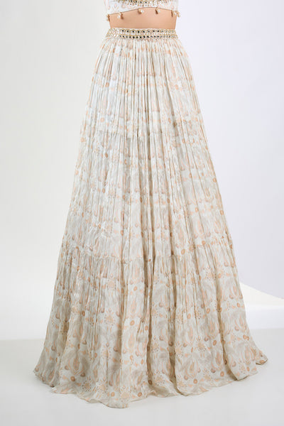Printed chinon chiffon ivory lehenga set with pearl tassels and organza Dupatta