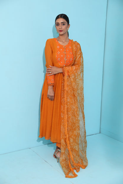 Orange Chanderi Silk Embroidered Dori Round Anarkali Set For Women