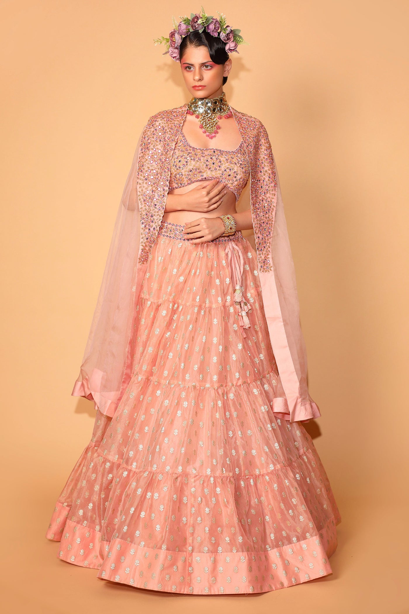 Peach Banarasi Organza Tiered Lehenga Set With Embroidered Cape