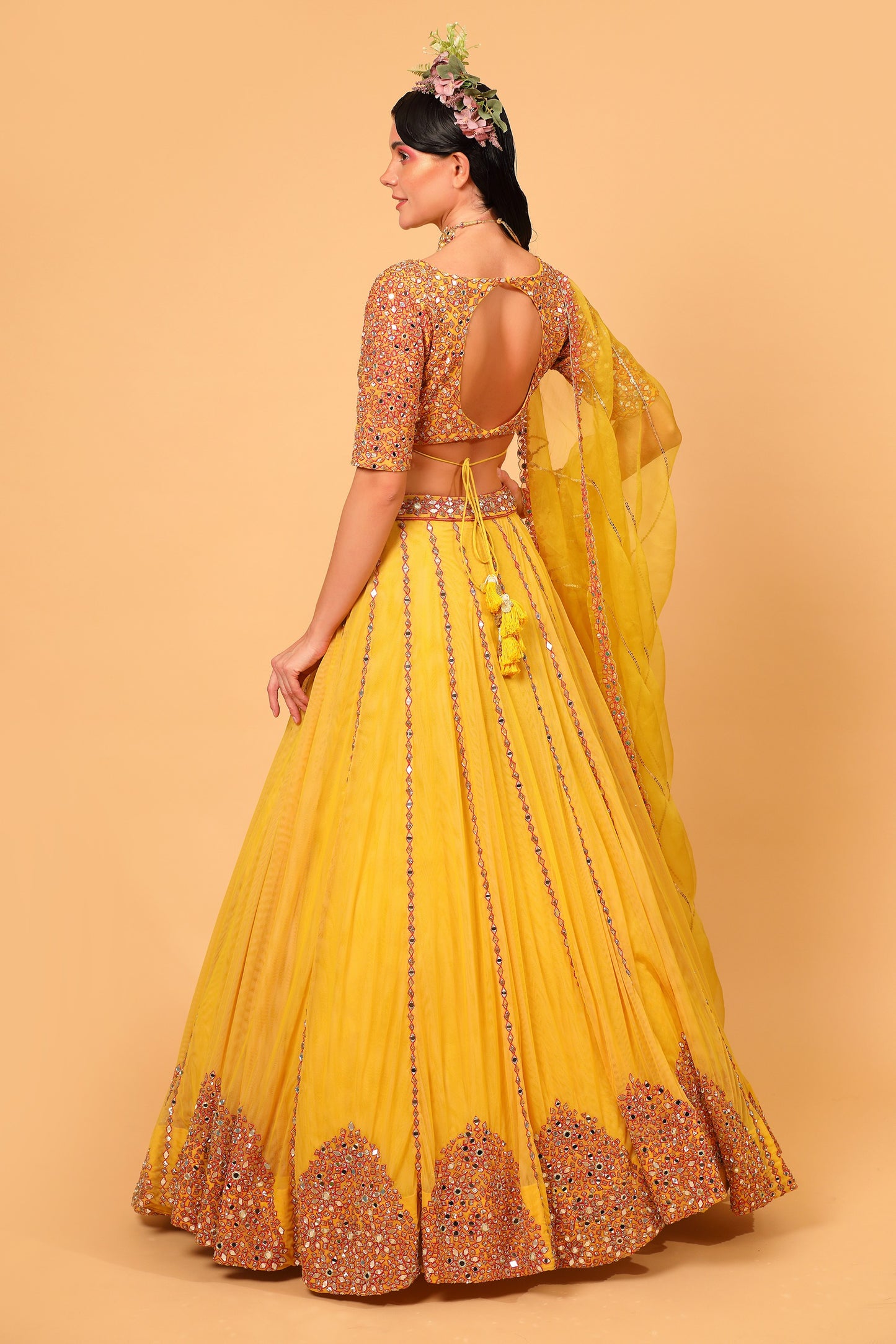 Yellow Tulle Mirror Embroidered Lehenga Set