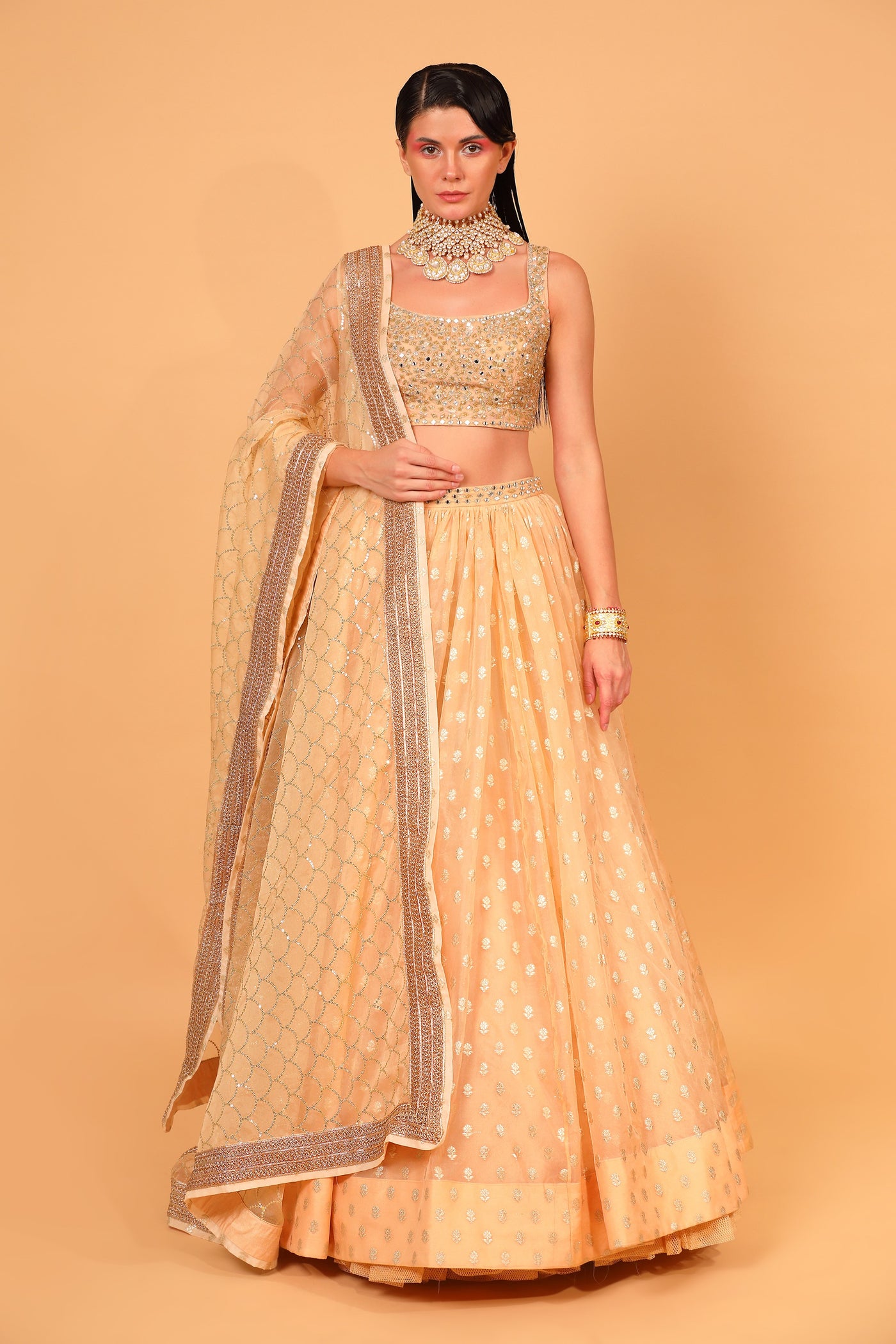 Peach Banarasi Organza Lehenga Set