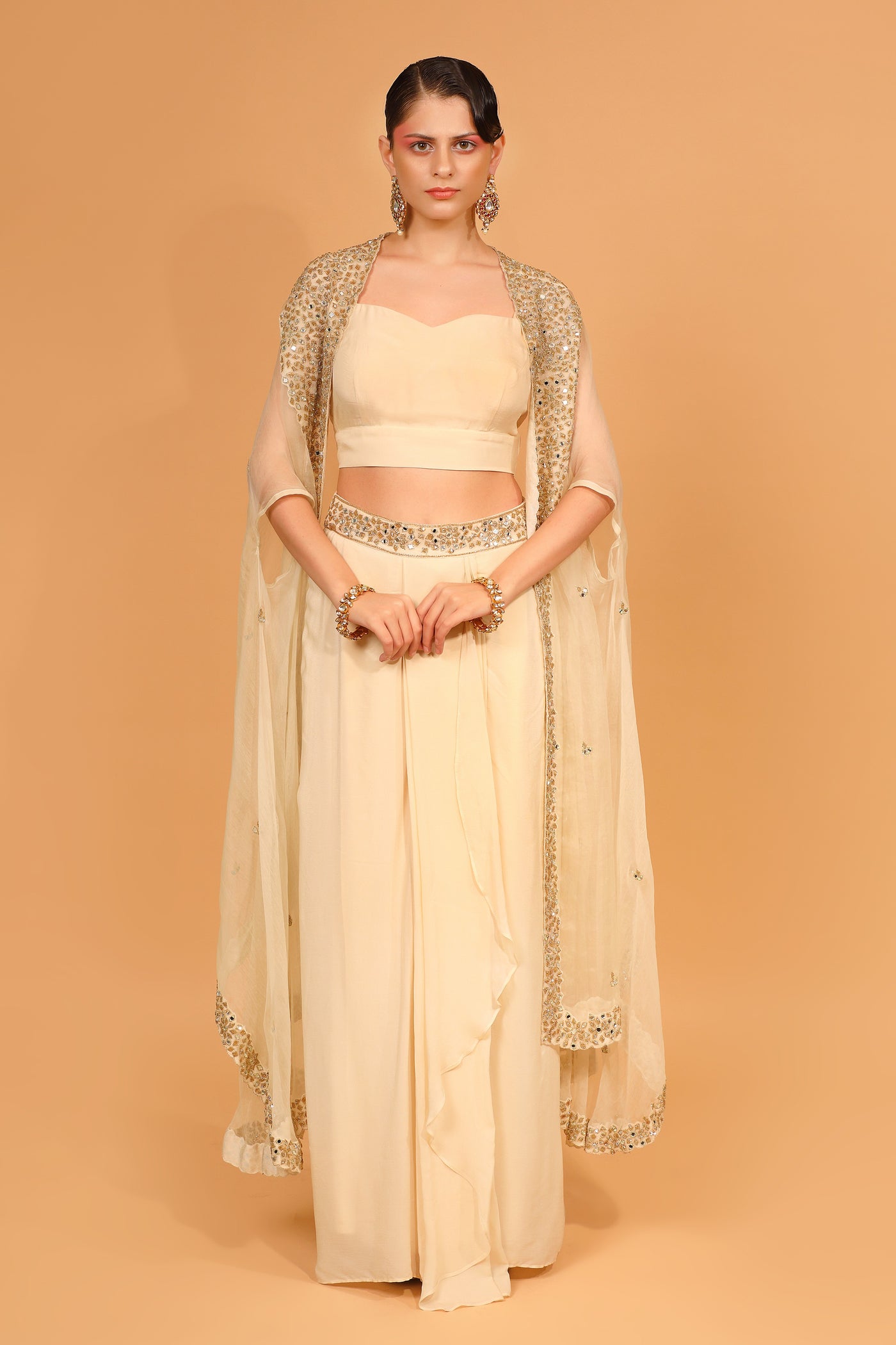 Ivory Organza Embroidered Cape With Dhoti Pant Set